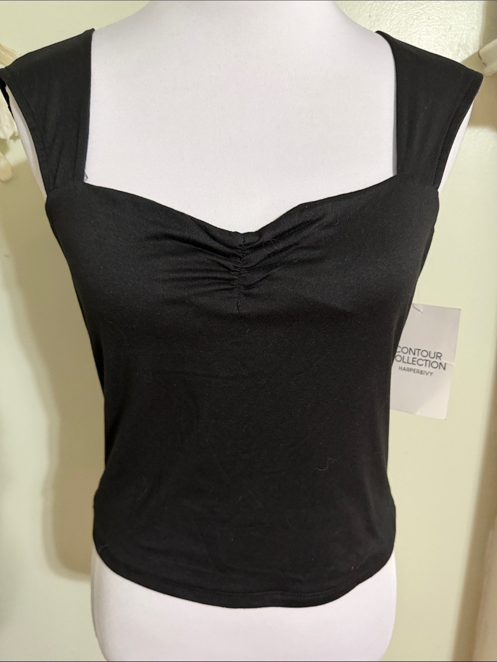 Harper & Ivy Black Square Neck Ruched Crop Tank Top - Picture 2 of 4